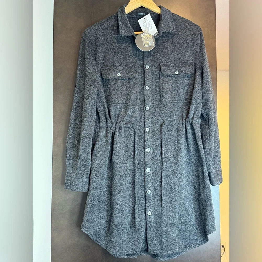 NWT MITTOSHOP Gray Button-Up Long Sleeve Shirt Dress